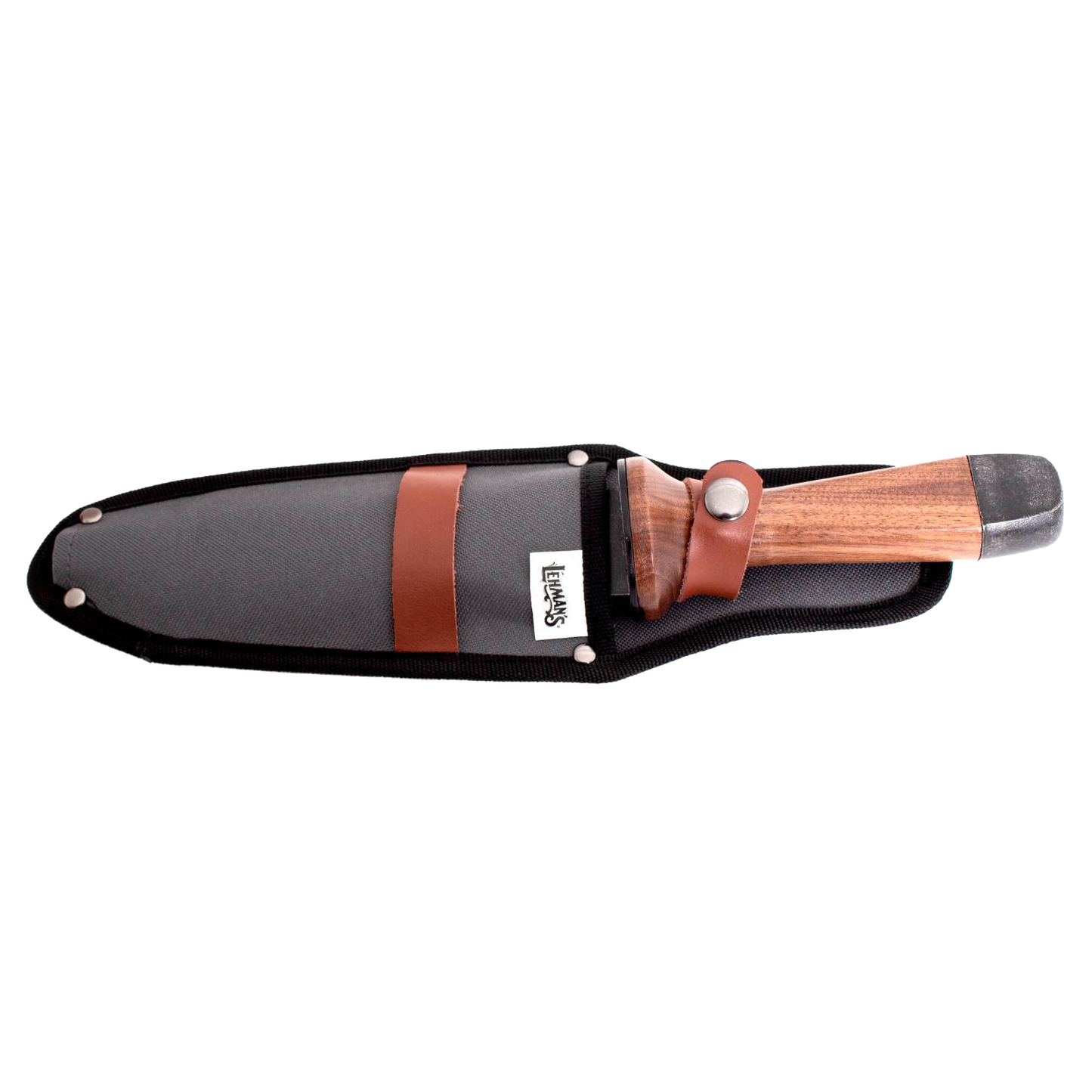 Hori hori garden knife with a wooden handle and protective sheath featuring leather strap and metal snap, designed for digging and planting in Farm, Garden & Tool collections.