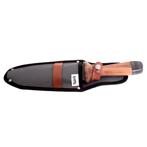 Hori hori garden knife with a wooden handle and protective sheath featuring leather strap and metal snap, designed for digging and planting in Farm, Garden & Tool collections.