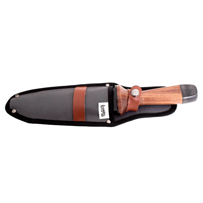 Hori hori garden knife with a wooden handle and protective sheath featuring leather strap and metal snap, designed for digging and planting in Farm, Garden & Tool collections.