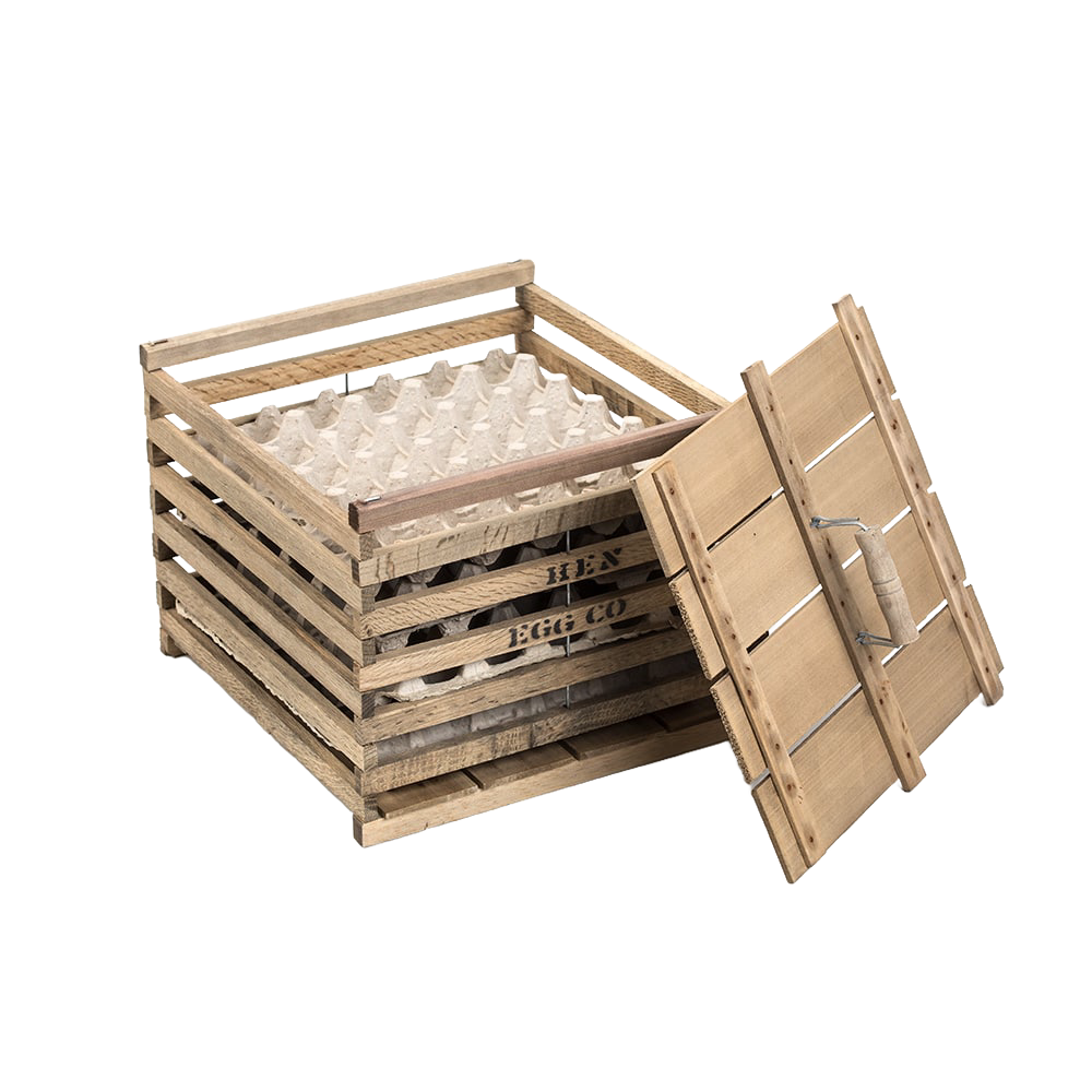 Handcrafted wooden chicken egg crate with slatted sides and a removable lid featuring a wooden handle, designed for safely carrying eggs; ideal for farm, garden, animal care, and chicken accessories.