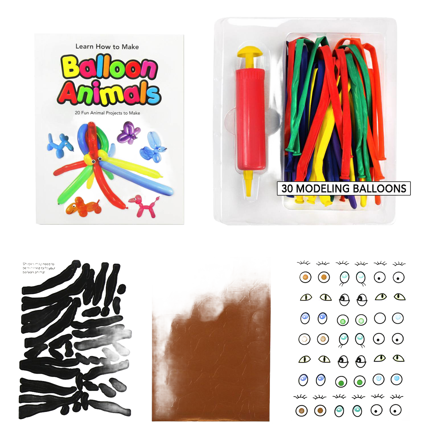 Balloon animal kit featuring colorful modeling balloons, a red hand pump, an instruction booklet with 20 animal designs, and decorative stickers, perfect for children's toys, arts and crafts, and best sellers collections.