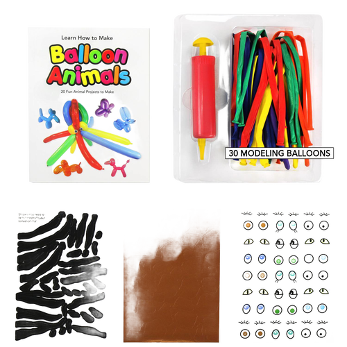 Balloon animal kit featuring colorful modeling balloons, a red hand pump, an instruction booklet with 20 animal designs, and decorative stickers, perfect for children's toys, arts and crafts, and best sellers collections.