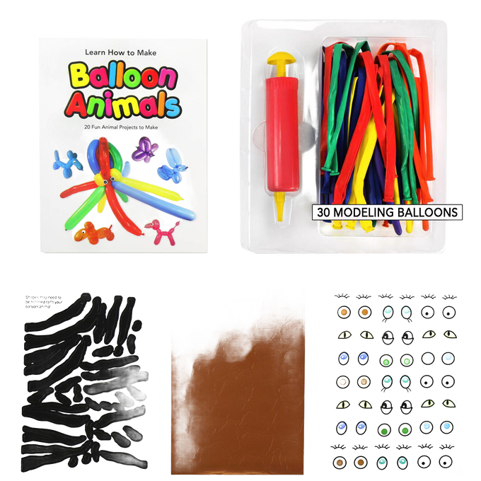 Balloon animal kit featuring colorful modeling balloons, a red hand pump, an instruction booklet with 20 animal designs, and decorative stickers, perfect for children's toys, arts and crafts, and best sellers collections.