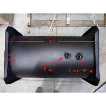 Rectangular black steel wood-fired water heater tank with 30-inch length and labeled 3/4-inch FIP and 1-inch FIP taps, handcrafted and Amish made, featured in USA Made and Appliances collections.
