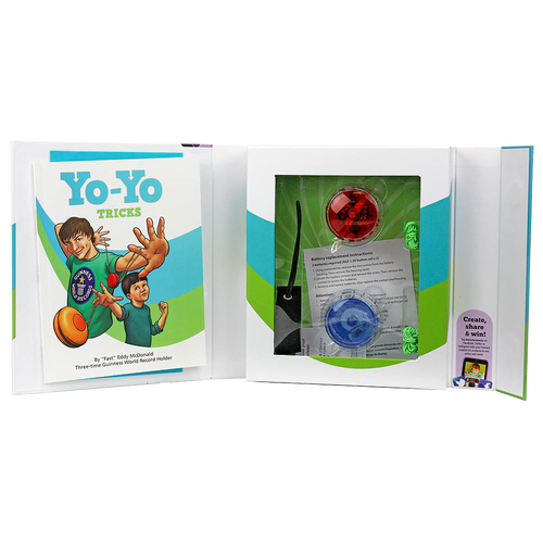 Open instructional yo-yo trick kit featuring colorful red and blue yo-yos with LED lights, a 56-page beginner's guidebook, and display packaging from the Toys, Books & Games collection.