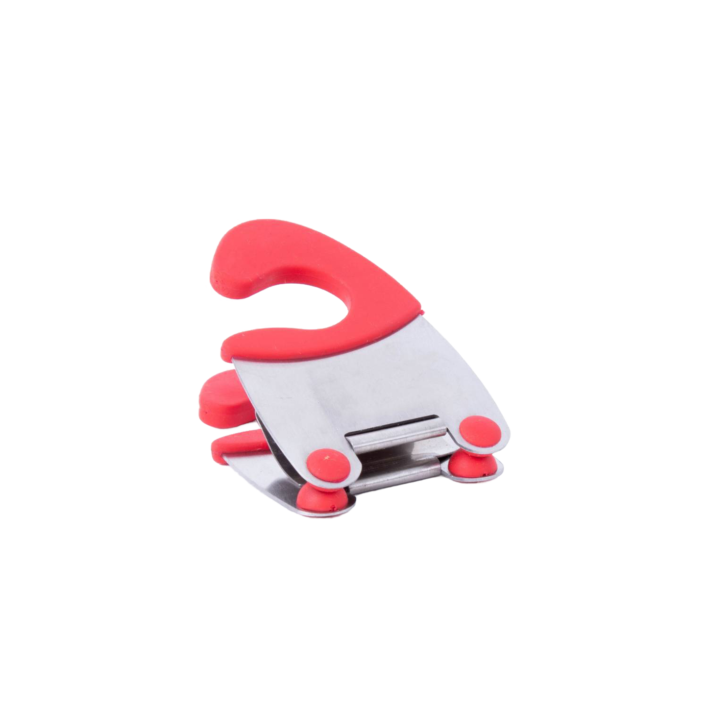 Compact stainless steel pot clip with red silicone grips, designed to securely hold spoons off counters while cooking, ideal for Kitchen Gadgets and Cooking Helpers collections.