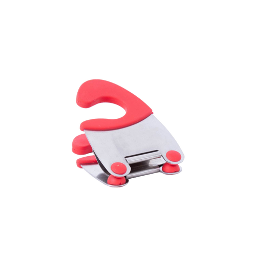 Compact stainless steel pot clip with red silicone grips, designed to securely hold spoons off counters while cooking, ideal for Kitchen Gadgets and Cooking Helpers collections.
