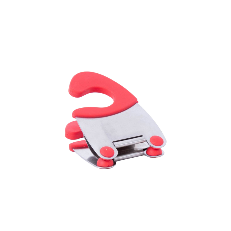 Compact stainless steel pot clip with red silicone grips, designed to securely hold spoons off counters while cooking, ideal for Kitchen Gadgets and Cooking Helpers collections.
