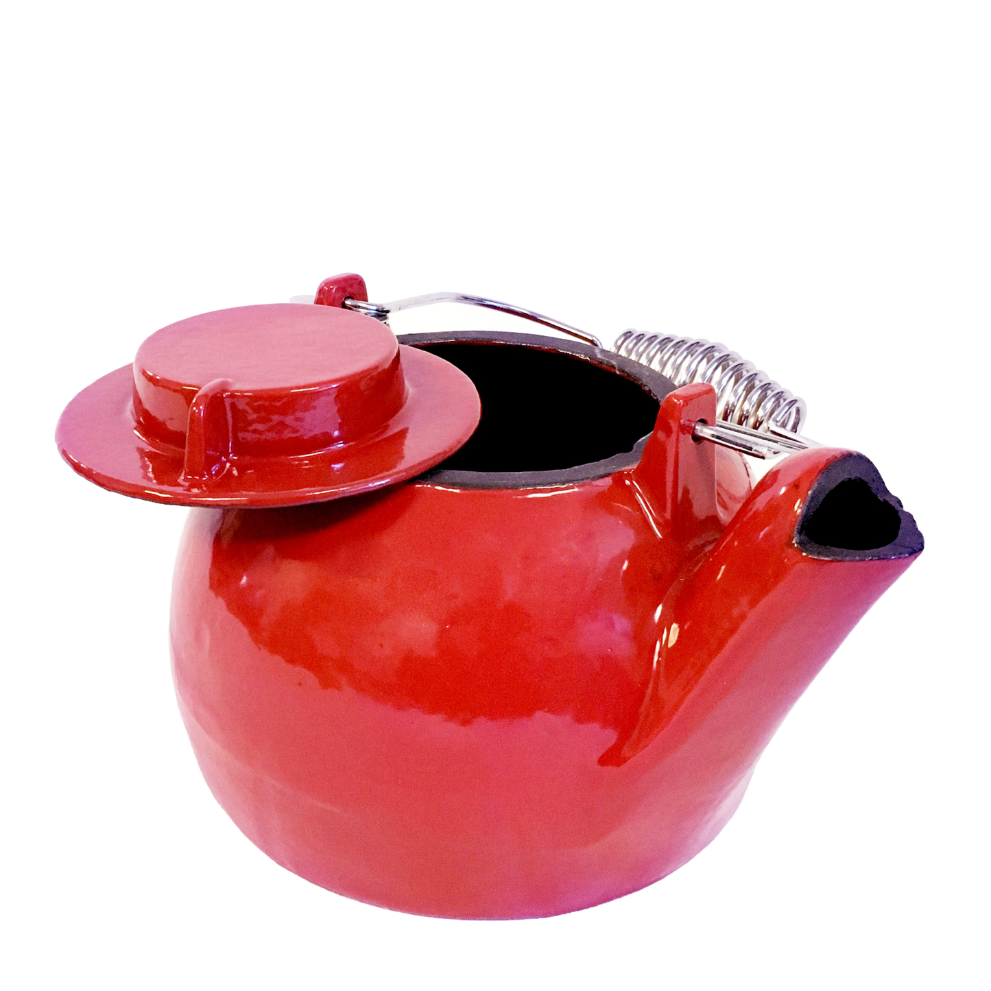 Red cast iron enamel wood stove steamer kettle with a spring coil handle and lid, handcrafted and durable, ideal for Stoves, Hearth Accessories, Best Sellers, and Promo Eligible collections.