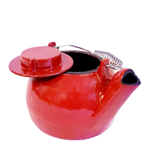 Red cast iron enamel wood stove steamer kettle with a spring coil handle and lid, handcrafted and durable, ideal for Stoves, Hearth Accessories, Best Sellers, and Promo Eligible collections.