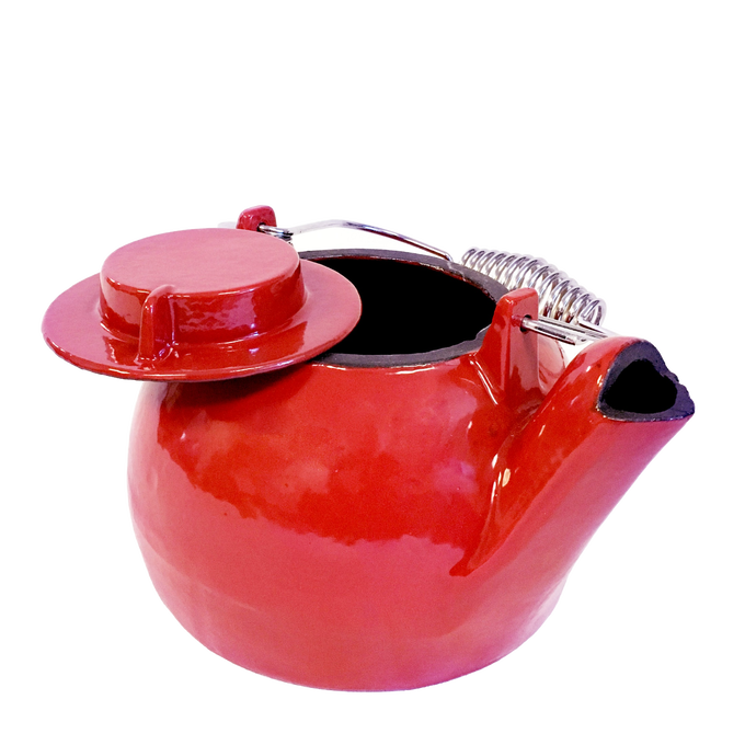 Red cast iron enamel wood stove steamer kettle with a spring coil handle and lid, handcrafted and durable, ideal for Stoves, Hearth Accessories, Best Sellers, and Promo Eligible collections.