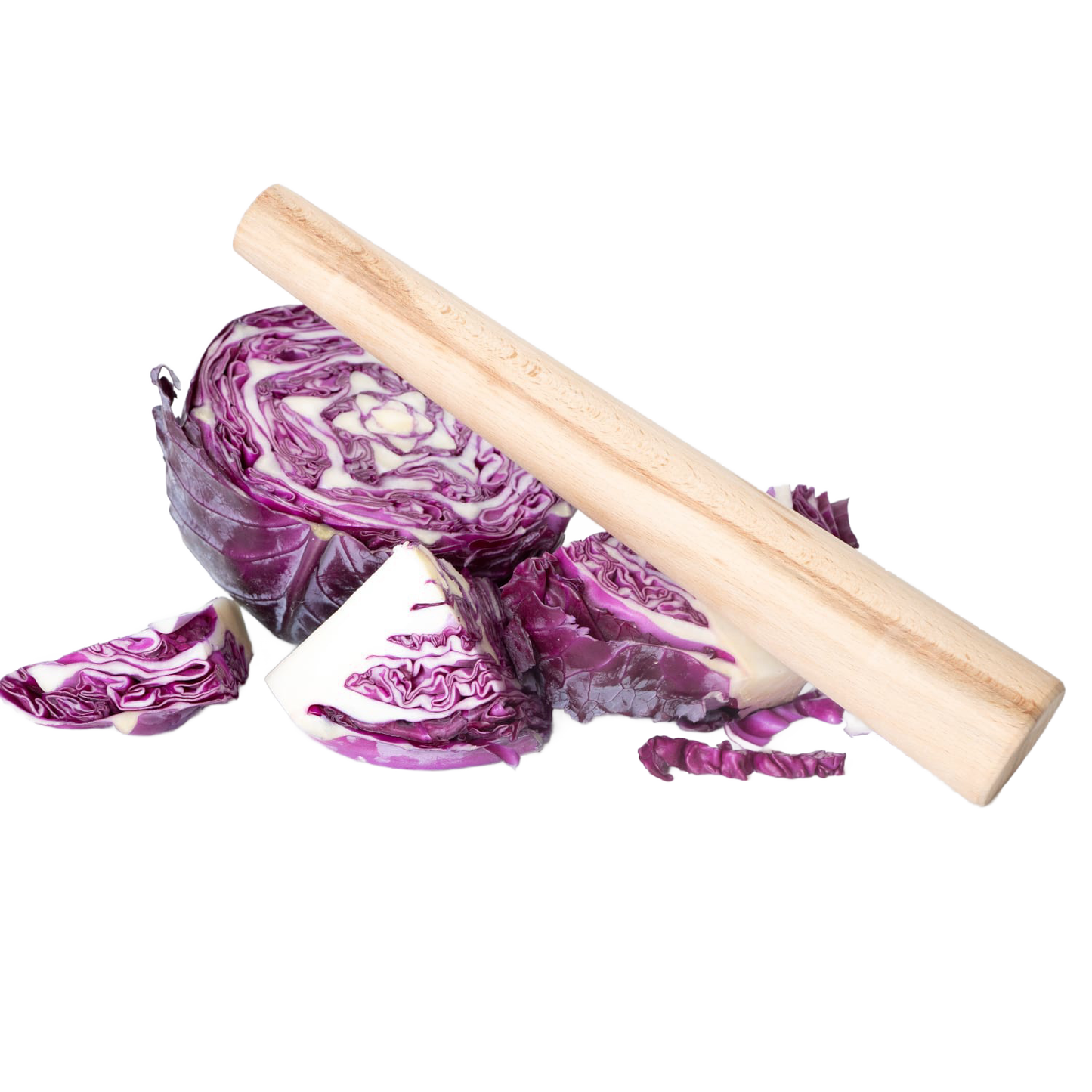 Smooth natural wood stomper resting on freshly cut purple cabbage wedges, designed for tamping down fermenting foods in kitchen, food preservation, and pickling tasks.