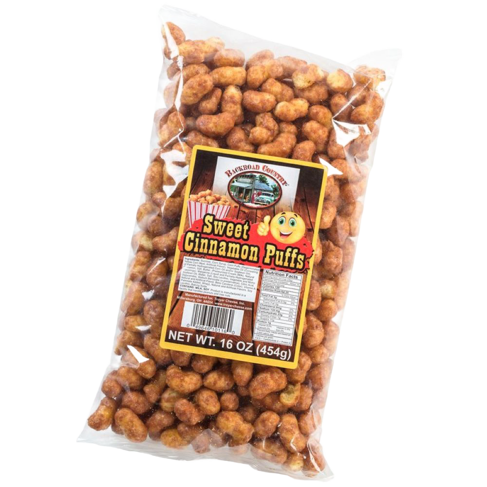 Clear plastic package of handcrafted sweet cinnamon puffs weighing 16 ounces, made in USA, featured in Kitchen & Food, Snacks and Sweets, USA Made, Best Sellers, and Promo Eligible collections.