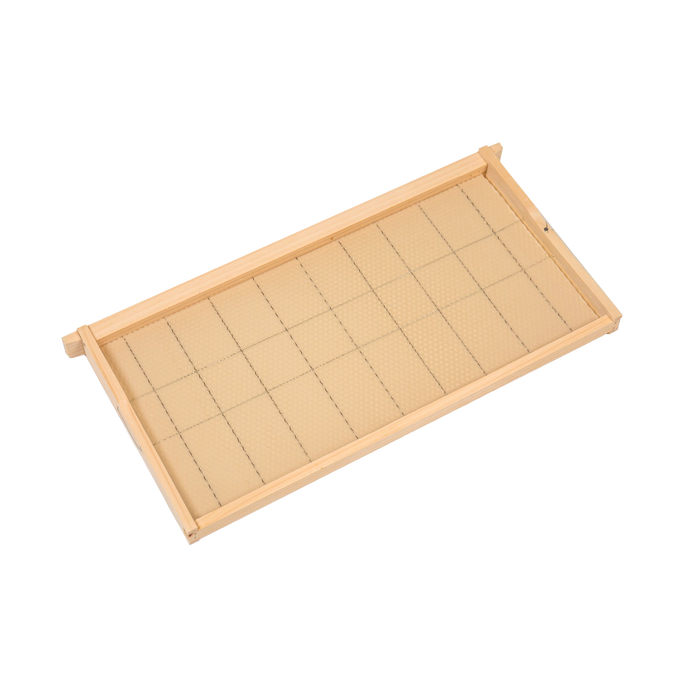Handcrafted deep wooden bee frame featuring wired natural beeswax foundation, Amish made in USA, ideal for 5, 8, and 10-frame hives in beekeeping supplies collections.
