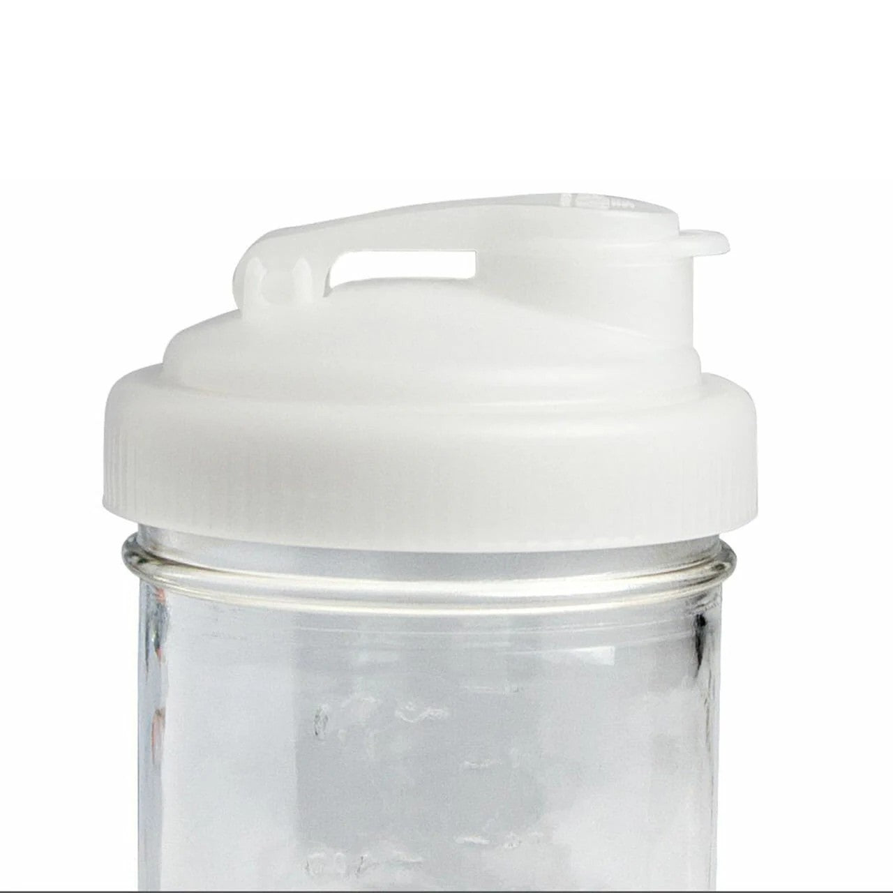 White pour lid with carry loop and flip-top spout made from durable no-break plastic, designed to fit wide-mouth mason jars, handcrafted and made in USA, ideal for Kitchen & Food collections.