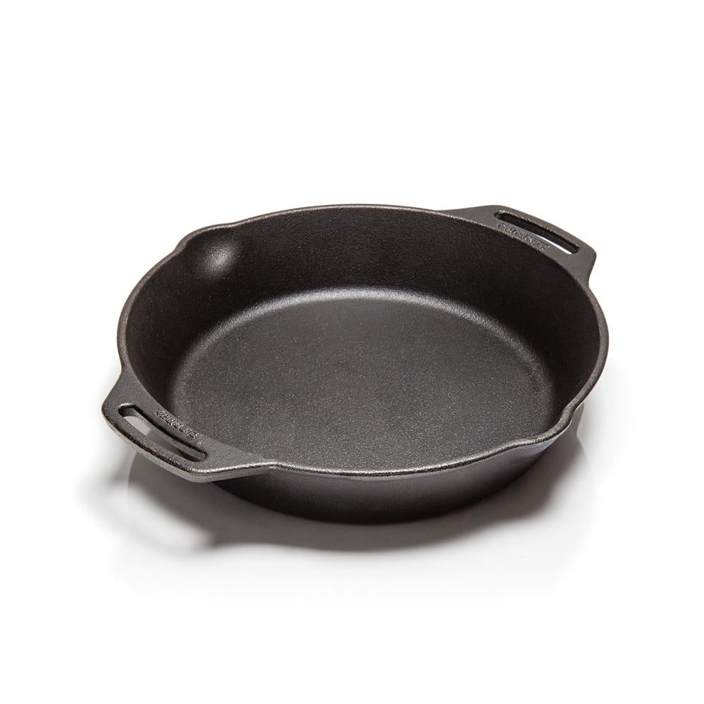 Round cast iron fire skillet with two sturdy side handles and small pour spouts, designed for versatile cooking in farm, garden, camping, kitchen, and cookware collections.