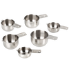 Set of six handcrafted stainless steel nesting measuring cups with sturdy handles, designed for precise measuring and compact storage, ideal for Kitchen & Food and Baking Supplies collections.