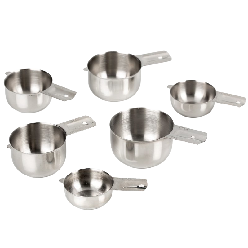 Set of six handcrafted stainless steel nesting measuring cups with sturdy handles, designed for precise measuring and compact storage, ideal for Kitchen & Food and Baking Supplies collections.