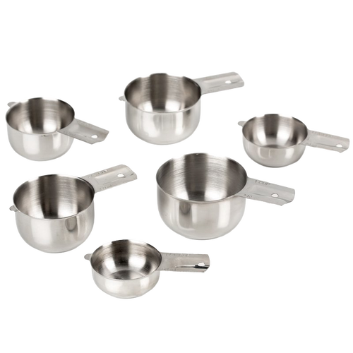 Set of six handcrafted stainless steel nesting measuring cups with sturdy handles, designed for precise measuring and compact storage, ideal for Kitchen & Food and Baking Supplies collections.