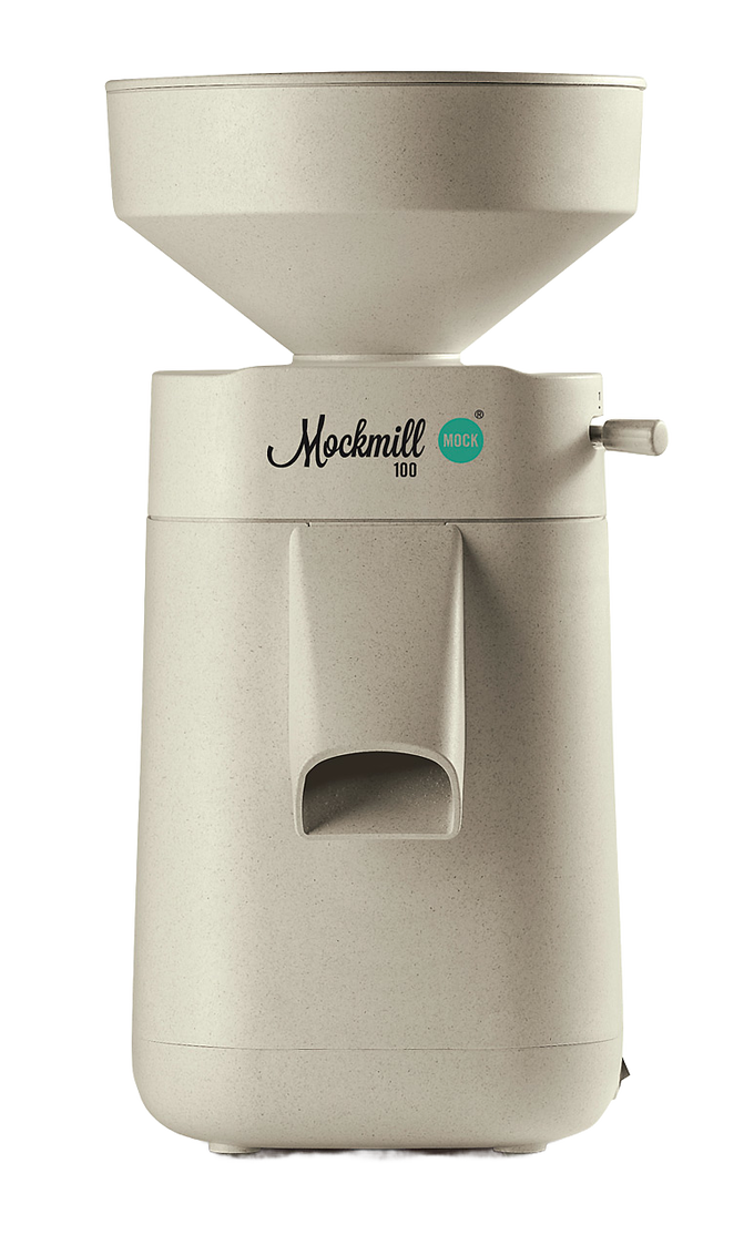 Beige electric grain mill with a large hopper and front spout, designed for effortless flour milling at home, featured in Kitchen & Food, Grain Mills, Best Sellers, Promo Eligible, and New collections.