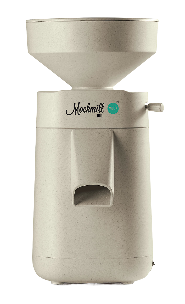 Beige electric grain mill with a large hopper and front spout, designed for effortless flour milling at home, featured in Kitchen & Food, Grain Mills, Best Sellers, Promo Eligible, and New collections.