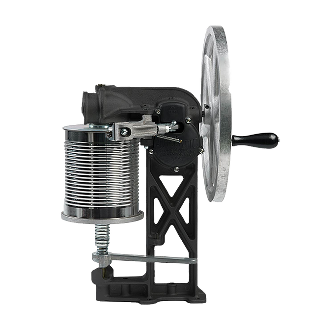 Manual can sealer featuring a large flywheel and hand crank, crafted from durable hand cast aluminum, designed for sealing number 10 cans in kitchen and food preservation collections.