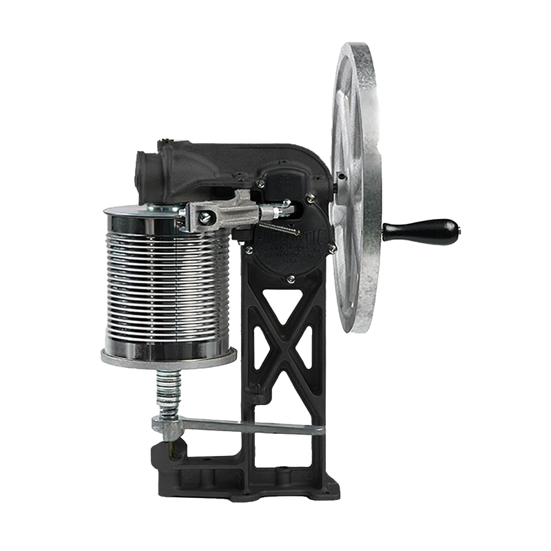 Manual can sealer featuring a large flywheel and hand crank, crafted from durable hand cast aluminum, designed for sealing number 10 cans in kitchen and food preservation collections.
