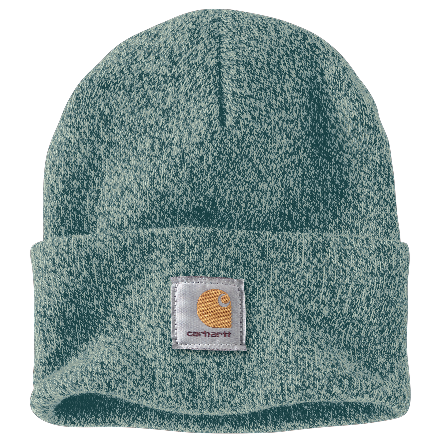 Handcrafted knit cuffed beanie hat in marled teal fabric with logo patch, designed for warmth and durability, featured in Health & Wellness, Clothing and Accessories, Best Sellers, and Promo Eligible collections.