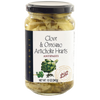 Clear glass jar of marinated artichoke hearts infused with clove and oregano, featuring a black lid and label with gourmet design, ideal for Kitchen & Food and Pantry collections.
