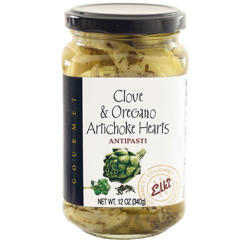 Clear glass jar of marinated artichoke hearts infused with clove and oregano, featuring a black lid and label with gourmet design, ideal for Kitchen & Food and Pantry collections.