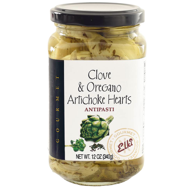 Clear glass jar of marinated artichoke hearts infused with clove and oregano, featuring a black lid and label with gourmet design, ideal for Kitchen & Food and Pantry collections.