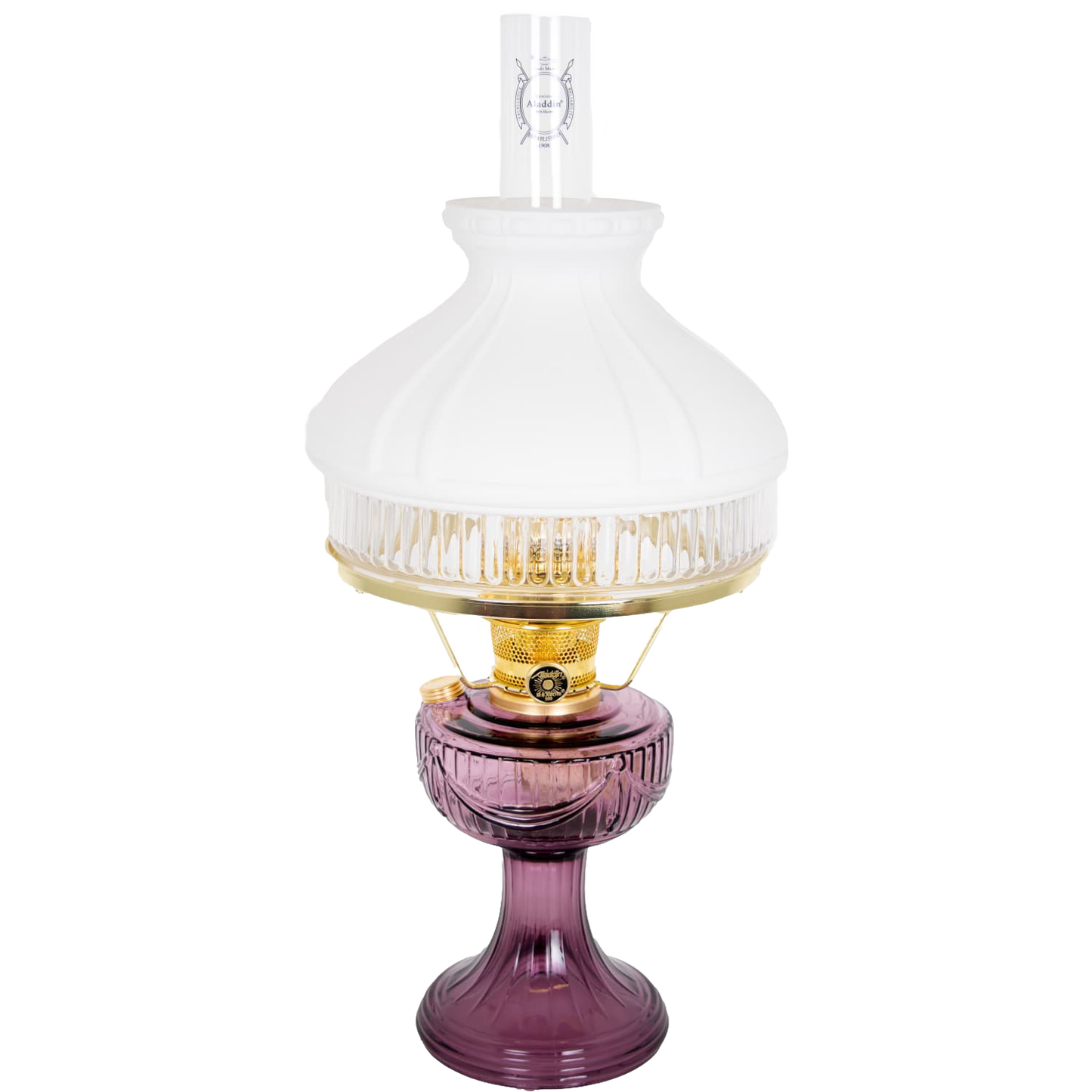 Handcrafted oil lamp with amethyst glass base, clear brass burner, and frosted white top shade, bright enough for reading, ideal for Farm, Garden & Tool, Lamps & Lighting, Emergency Supplies, Oil Lamps, and Table Lamps collections.