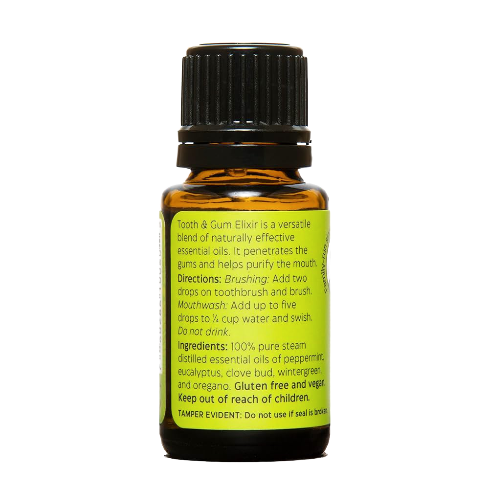 Amber glass dropper bottle of oral care elixir with a black ribbed cap, featuring a bright green label detailing natural essential oil ingredients and usage instructions, made in USA and ideal for Health & Wellness and Grooming and Personal Hygiene collections.