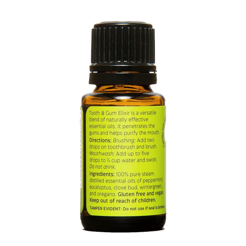 Amber glass dropper bottle of oral care elixir with a black ribbed cap, featuring a bright green label detailing natural essential oil ingredients and usage instructions, made in USA and ideal for Health & Wellness and Grooming and Personal Hygiene collections.
