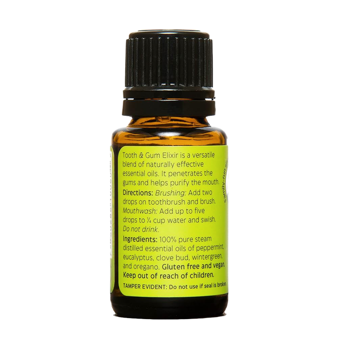 Amber glass dropper bottle of oral care elixir with a black ribbed cap, featuring a bright green label detailing natural essential oil ingredients and usage instructions, made in USA and ideal for Health & Wellness and Grooming and Personal Hygiene collections.