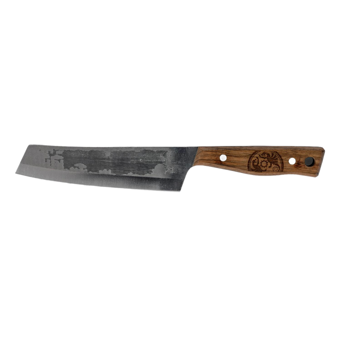 Handcrafted outdoor chef's knife with a sharp, durable high-quality steel blade and robust walnut handle, ideal for food preparation in camping and kitchen tool collections.