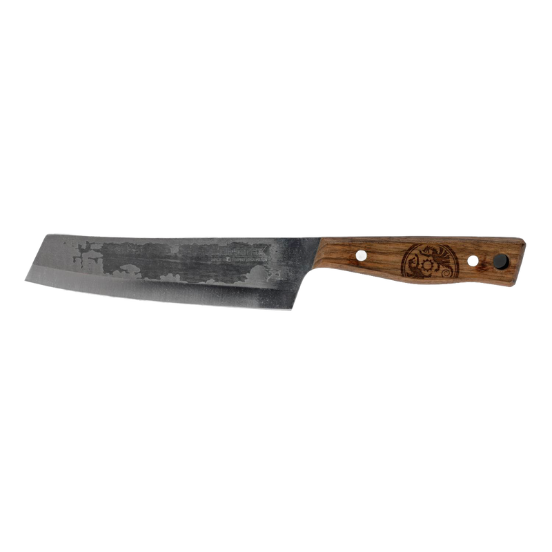 Handcrafted outdoor chef's knife with a sharp, durable high-quality steel blade and robust walnut handle, ideal for food preparation in camping and kitchen tool collections.