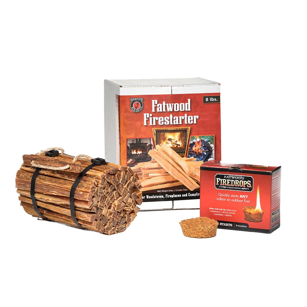 Handcrafted fatwood firestarter variety pack including waterproof firewood bundles with carrying handle and fast-lighting firedrops, ideal for Camping, Hearth Accessories, and Emergency Supplies.