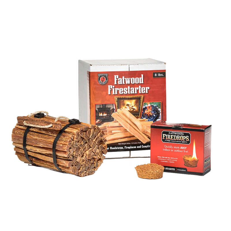 Handcrafted fatwood firestarter variety pack including waterproof firewood bundles with carrying handle and fast-lighting firedrops, ideal for Camping, Hearth Accessories, and Emergency Supplies.