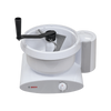 Hand crank attachment with black handle mounted on a white Bosch Universal Plus mixer bowl, designed for manual dough kneading in kitchen and baking supplies collections.