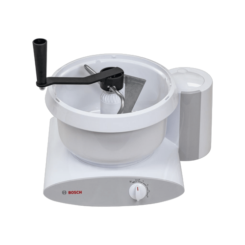 Hand crank attachment with black handle mounted on a white Bosch Universal Plus mixer bowl, designed for manual dough kneading in kitchen and baking supplies collections.