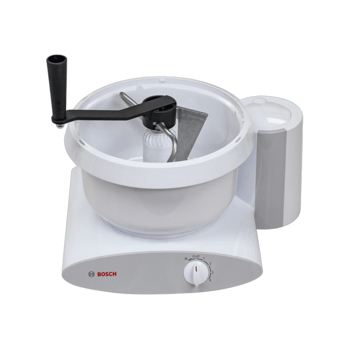Hand crank attachment with black handle mounted on a white Bosch Universal Plus mixer bowl, designed for manual dough kneading in kitchen and baking supplies collections.