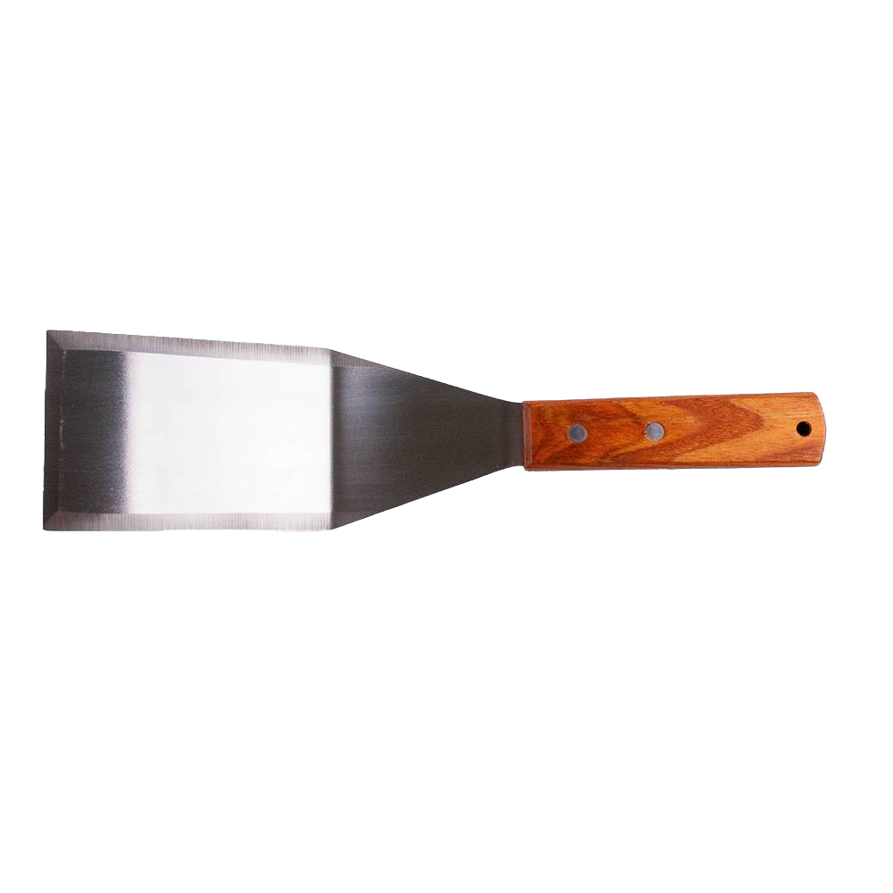 Heavy-duty stainless steel griddle spatula with a hardwood handle secured by brass rivets, designed for restaurant use and featured in Kitchen & Food, Storage and Serving, Best Sellers, and Promo Eligible collections.