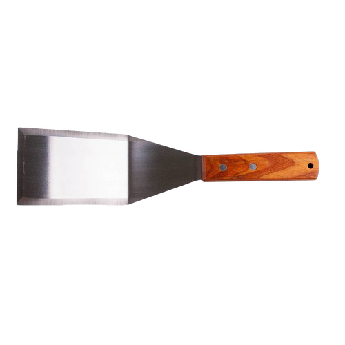 Heavy-duty stainless steel griddle spatula with a hardwood handle secured by brass rivets, designed for restaurant use and featured in Kitchen & Food, Storage and Serving, Best Sellers, and Promo Eligible collections.