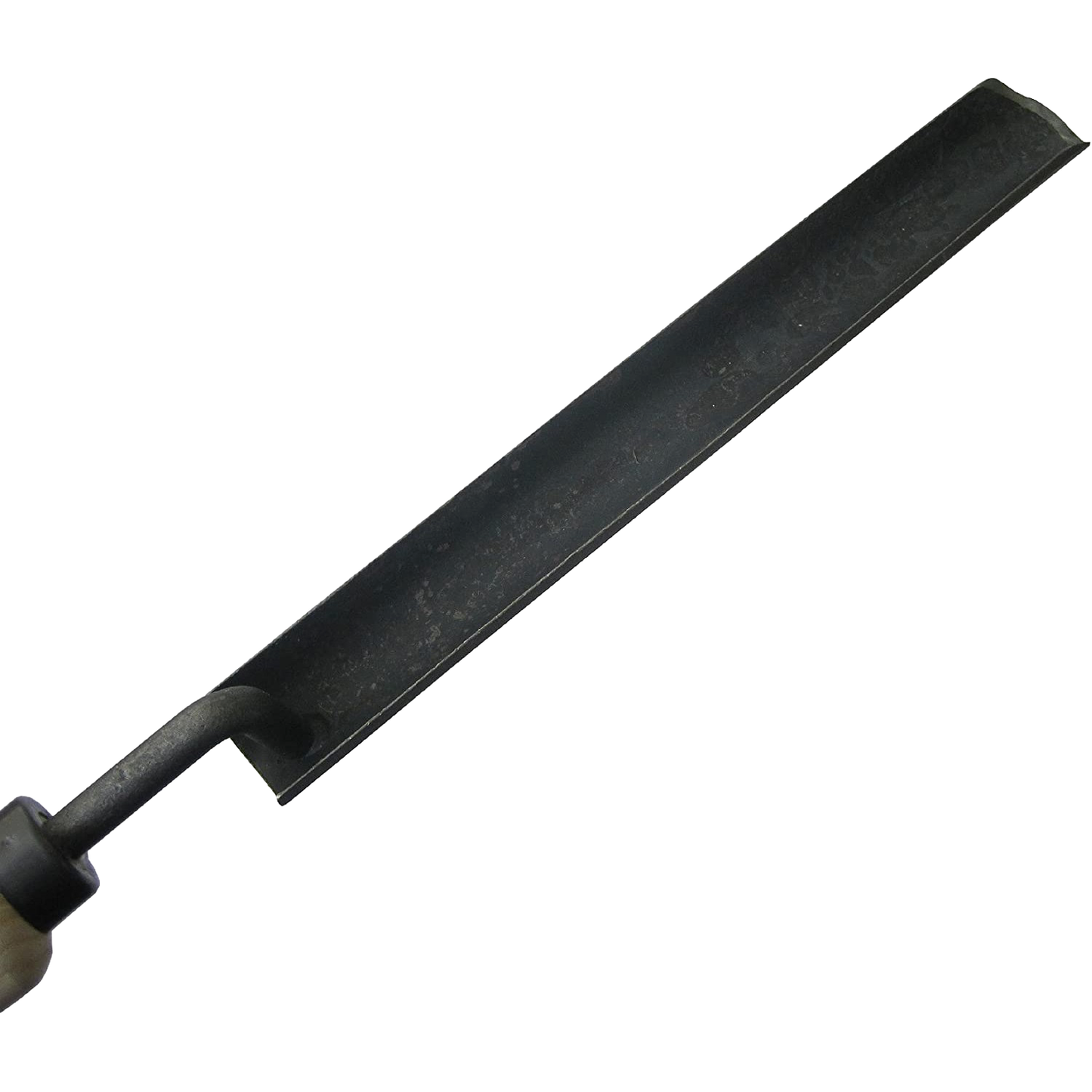 Close-up of the narrow, extra-long forged steel blade on a handcrafted DeWit Dutch Transplanter with an ash wood handle, designed for Farm, Garden & Tool and Digging and Cultivating collections.