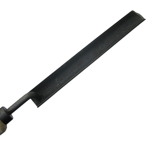 Close-up of the narrow, extra-long forged steel blade on a handcrafted DeWit Dutch Transplanter with an ash wood handle, designed for Farm, Garden & Tool and Digging and Cultivating collections.