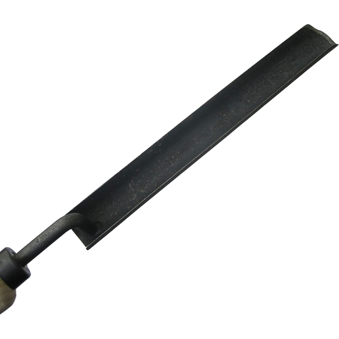 Close-up of the narrow, extra-long forged steel blade on a handcrafted DeWit Dutch Transplanter with an ash wood handle, designed for Farm, Garden & Tool and Digging and Cultivating collections.