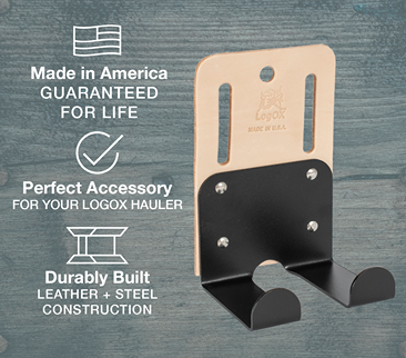 Durably built leather and steel holster designed for hands-free use with LogOX hauler, made in USA, ideal for Farm, Garden & Tool, Wood Cutting and Hauling, and USA Made collections.
