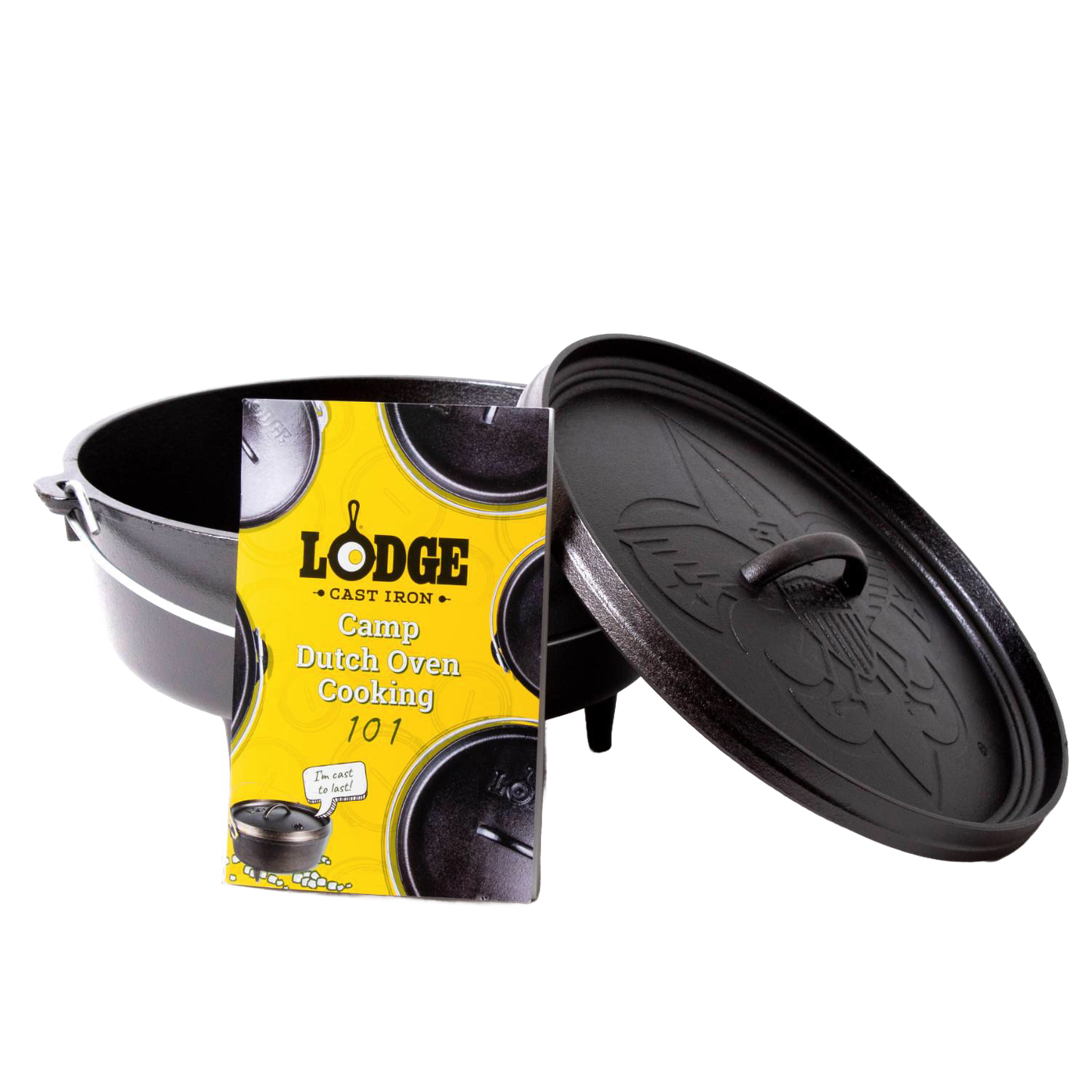 Seasoned cast iron camp Dutch oven with legs and bail handle, featuring embossed lid design and cooking guide, perfect for camping, kitchen, and outdoor cookware collections.
