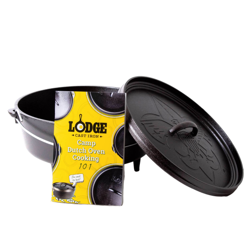 Seasoned cast iron camp Dutch oven with legs and bail handle, featuring embossed lid design and cooking guide, perfect for camping, kitchen, and outdoor cookware collections.